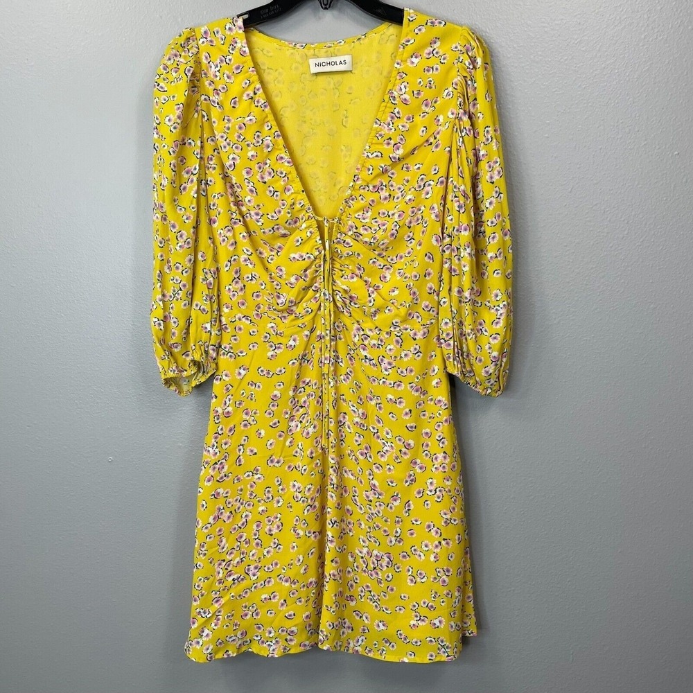 Nicholas Danni Floral Dress Womens 2 Yellow V-Neck Puff 3/4 Sleeve Short A-Line